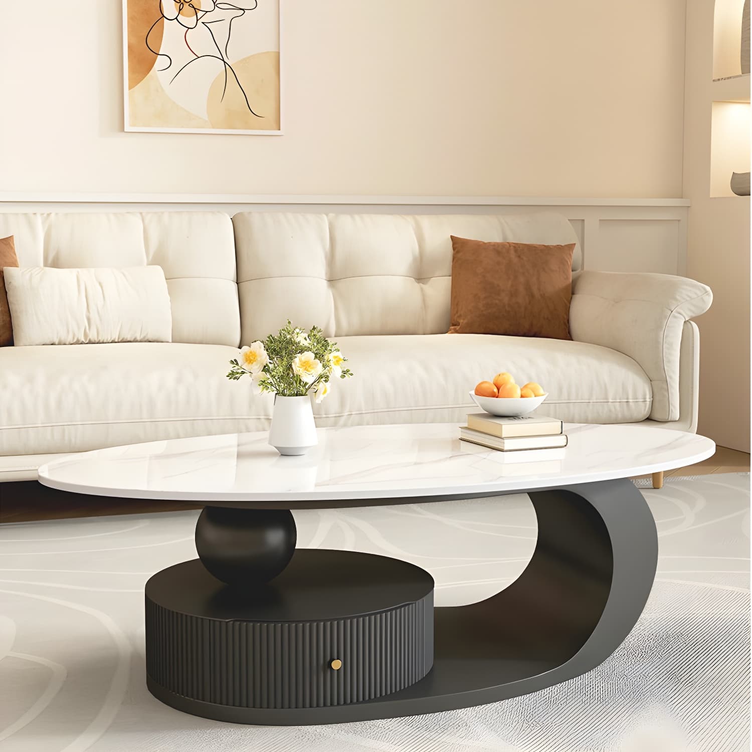 Oval White Stone Modern Coffee Table with Metal Abstract Base thumbnail 3