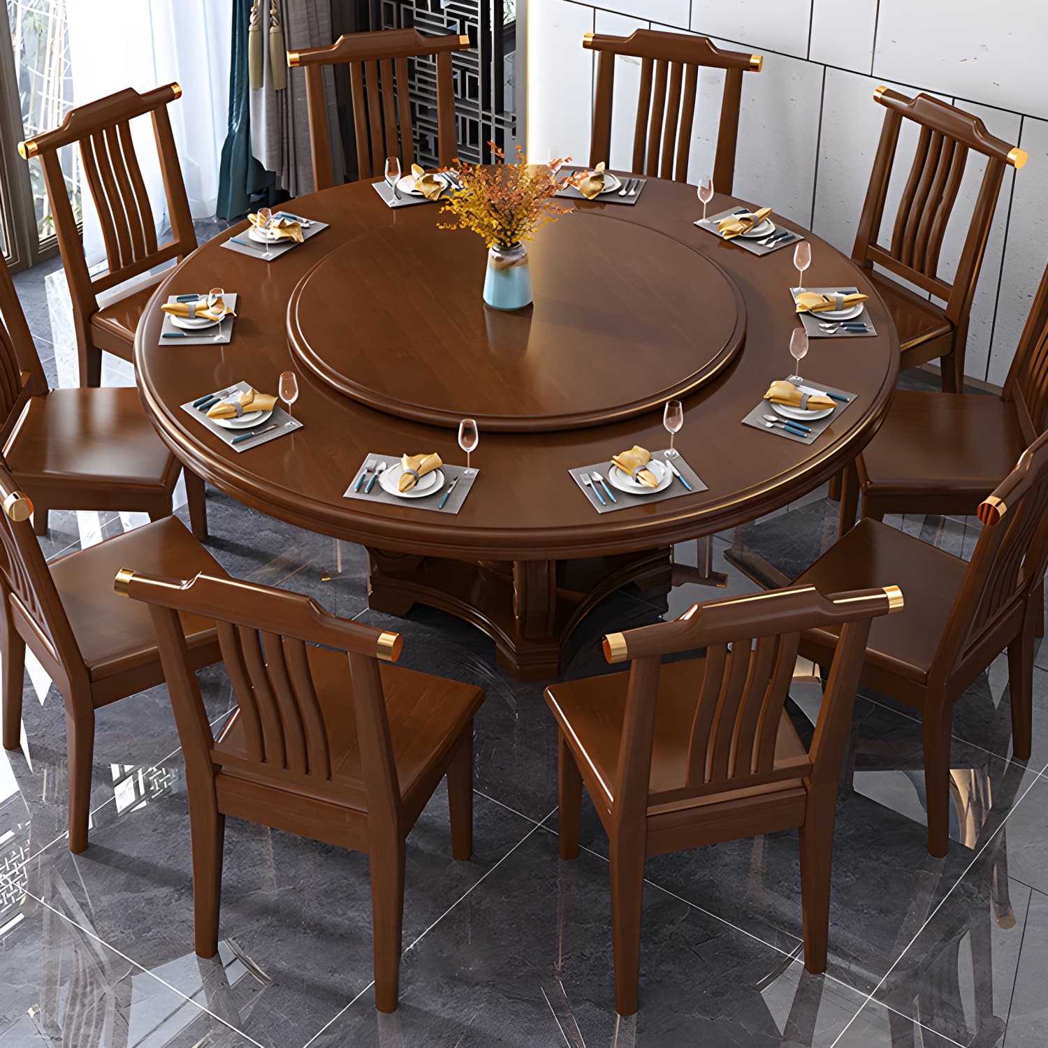 Round Solid Wood Dining Table Modern Turntable Furniture with Pedestal Base thumbnail 17