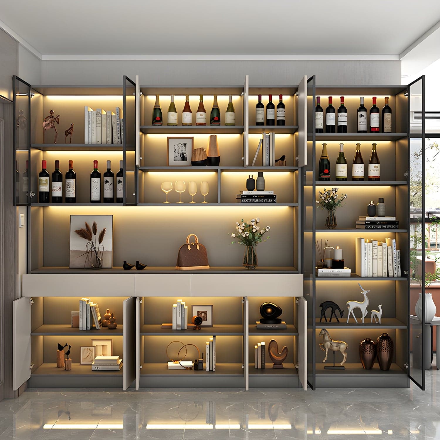 Accent Cabinet Rectangle Contemporary Glass Wood with Shelves thumbnail 3