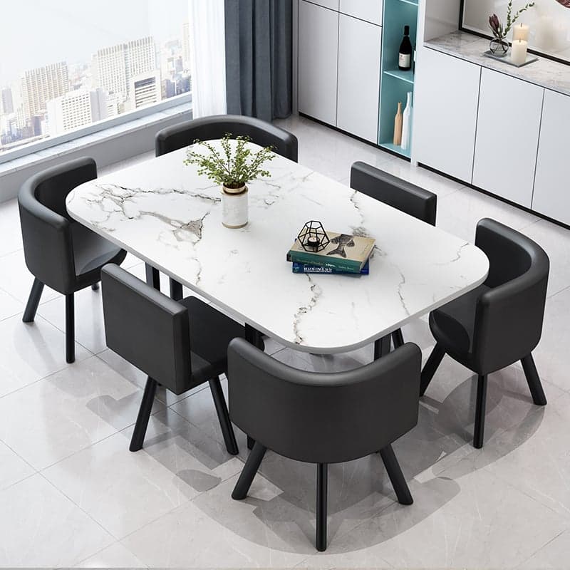 Rectangular Dining Table Set with Slate Stone Top, 4 Legs, Padded Chair, Back, 7 Piece Set in White