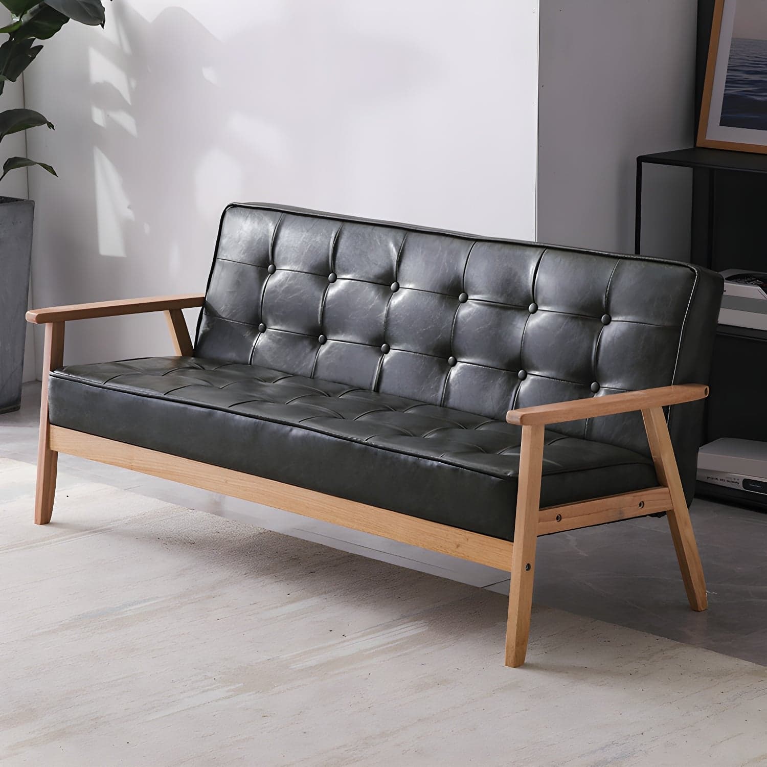 Mid-Century Modern Pine Wood Sofa with Tufted Back and Single Cushion Design thumbnail 3