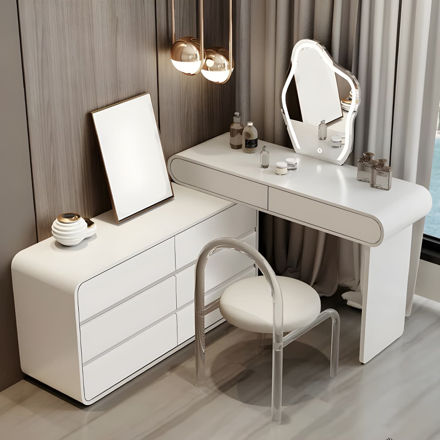 Modern White Wooden Makeup Vanity With Soft Close Drawers & Easy Assembly, Standard Width thumbnail 6