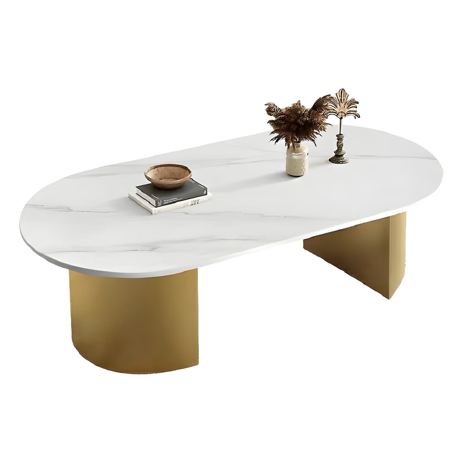 Modern Oval Stone Coffee Table with Double Pedestal Base for Living Room thumbnail 6
