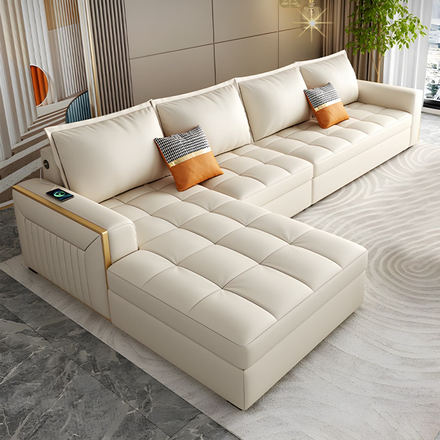 White Modern Sofa Bed with Storage USB Charging Convertible Sectional thumbnail 3