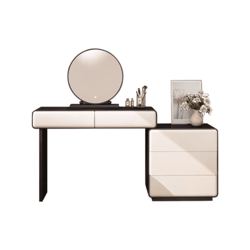Simplistic Large Vanity Set with Lumber Table Top, Cream Seat, 5 Drawers, and Mirror Lights thumbnail 3