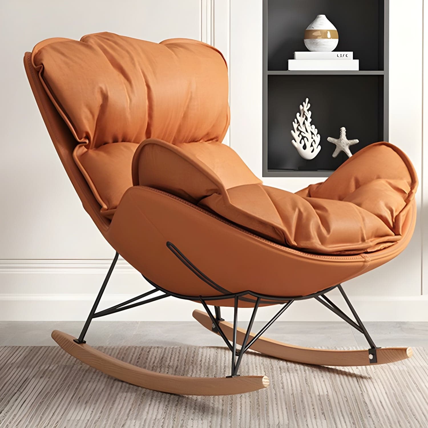 Stylish and Comfortable Modern Upholstered Indoor Rocking Chair with Natural Wood Legs thumbnail 4