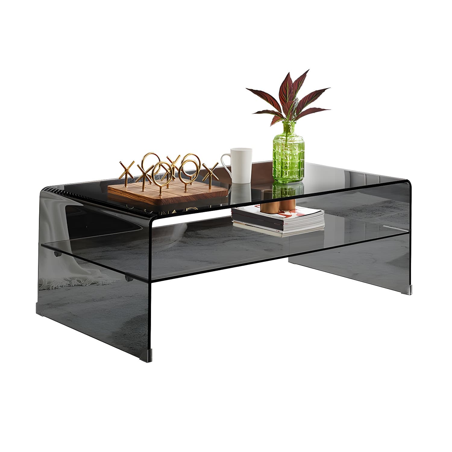 Modern Rectangle Glass Coffee Table Sled Base Cocktail Table with Shelf thumbnail 5