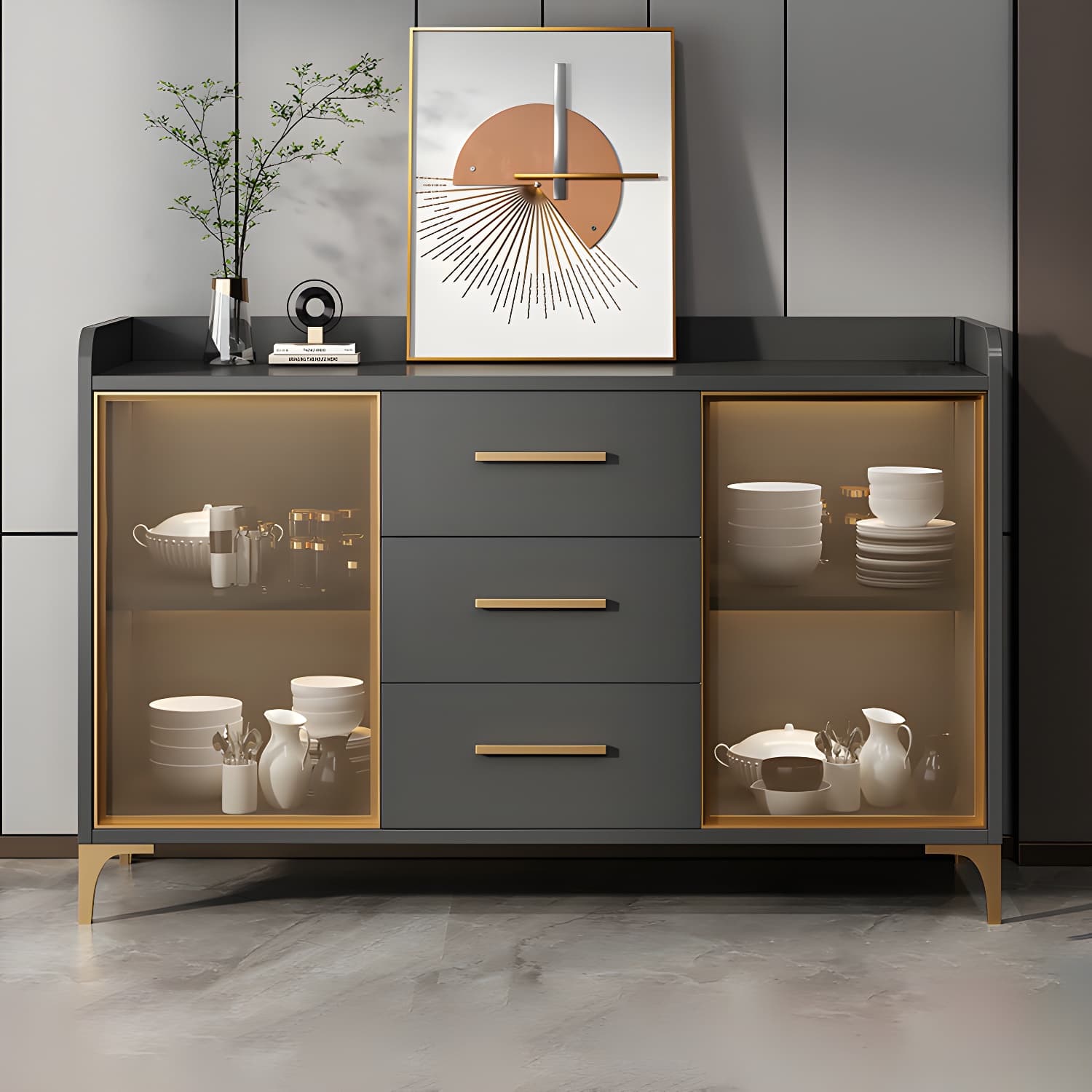 Glam Style Sideboard Wood Glass Doors Side Board with Cabinets and Drawers without Light thumbnail 4