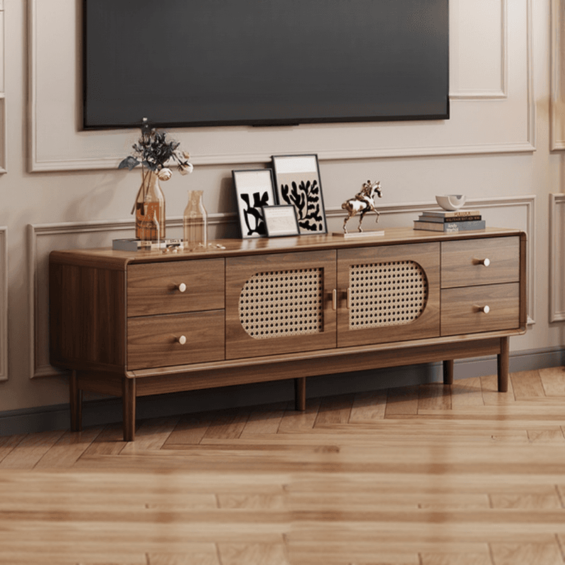 Solid+Engineered Wood TV Stand with 4 Drawers, 2 Cabinets, Cable Management, and Variable Shelf