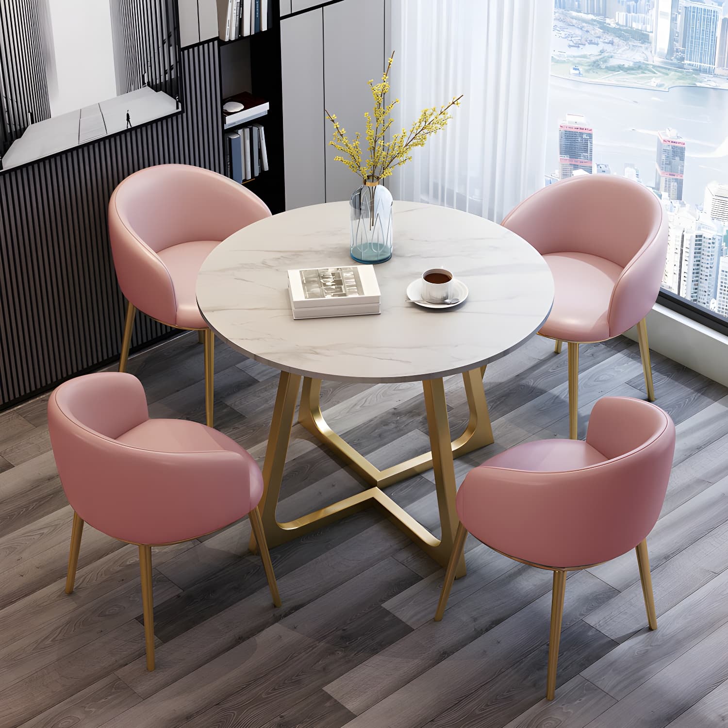 5-Piece Glam Dining Set Round White Table with Gold Metal Base and Upholstered Chairs thumbnail 7