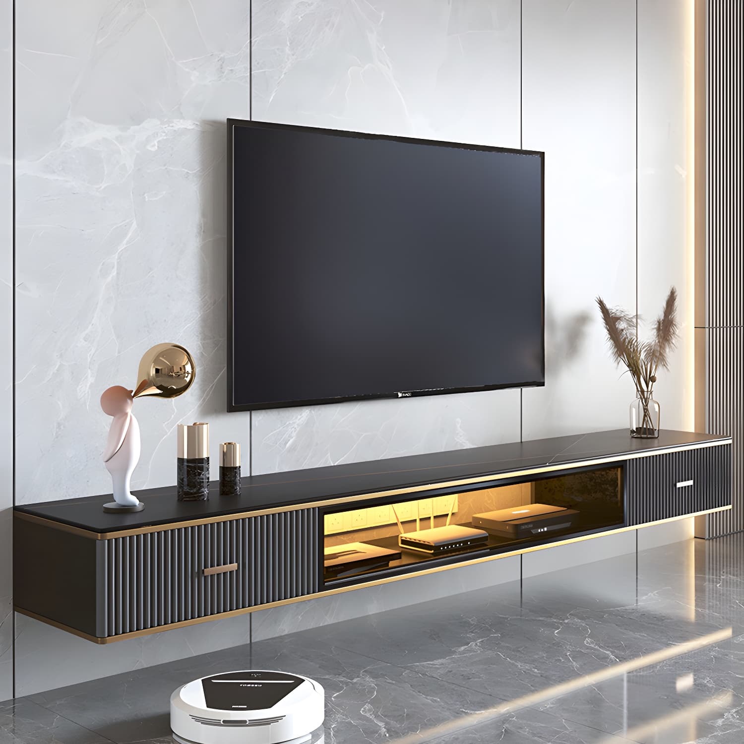 2 Drawers Contemporary TV Stand Stone Wall-mounted TV Cabinet thumbnail 14