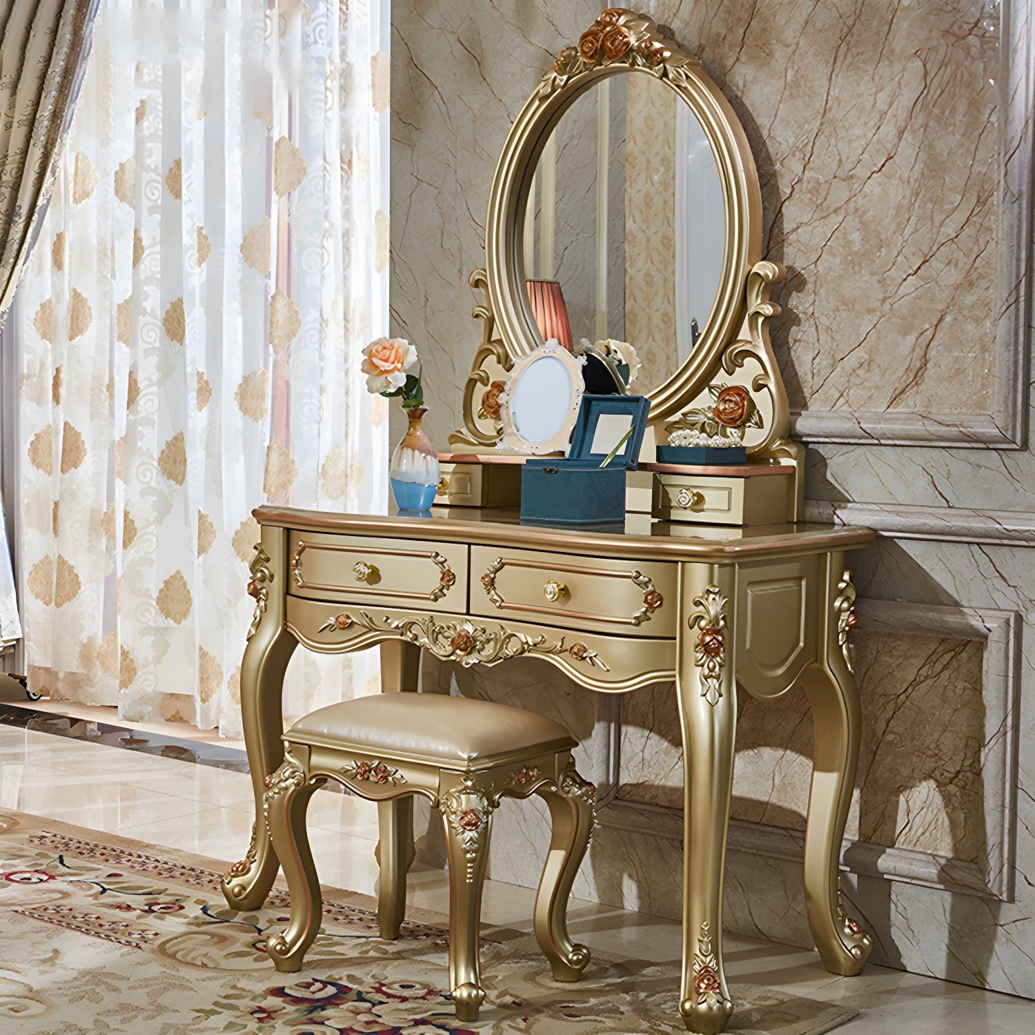 Victorian 33.4"/41.3" Wide Wood 4 Drawers Mirrored Makeup Vanity thumbnail 5