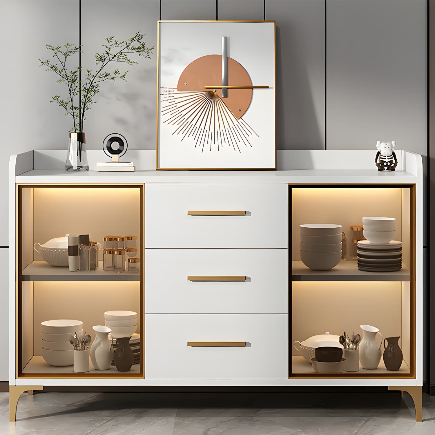 Glamorous Wood Buffet Sideboard with Glass Doors and Open Storage thumbnail 5