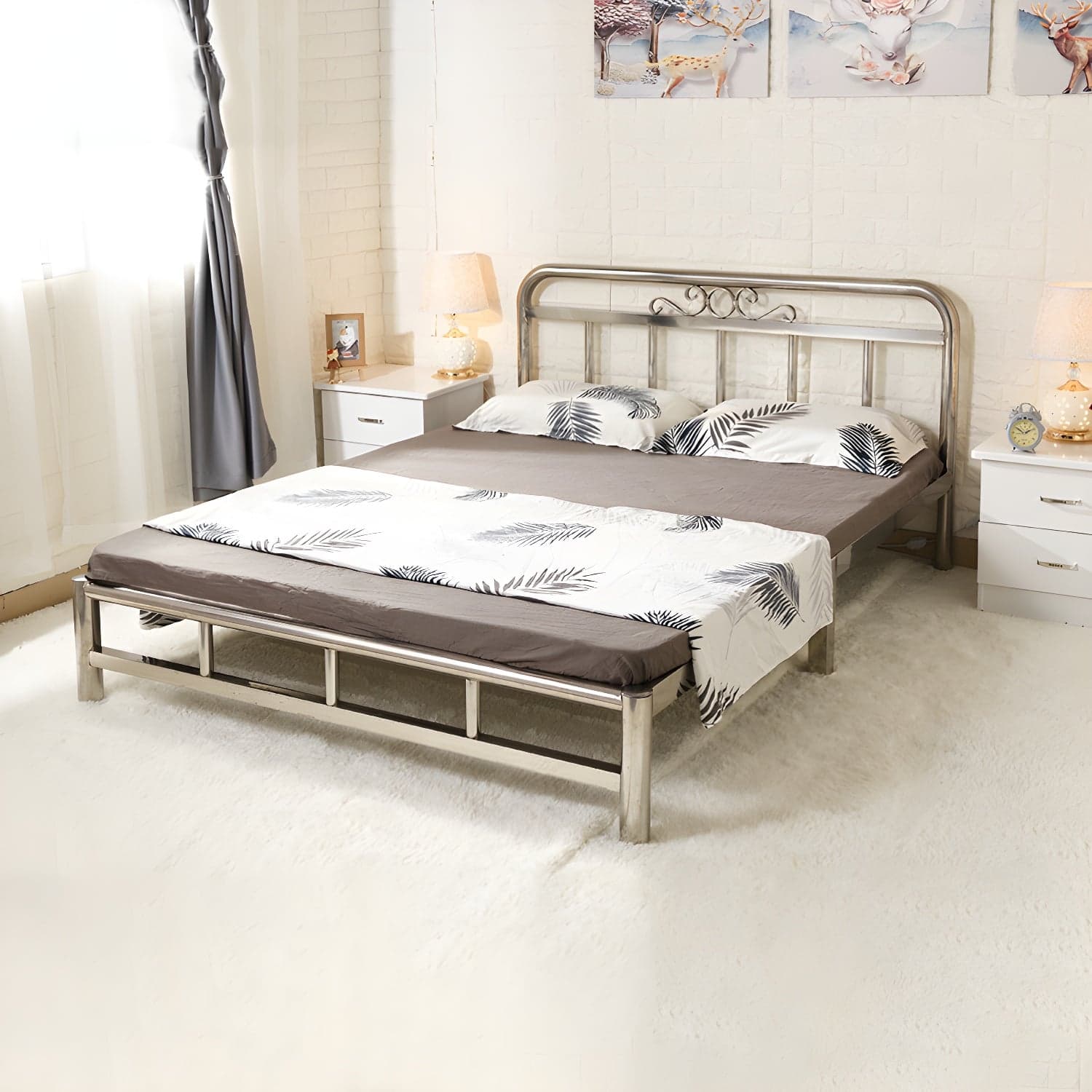 Silver Modern Steel Bed Rectangular Minimalist Bed with Metal Legs thumbnail 2