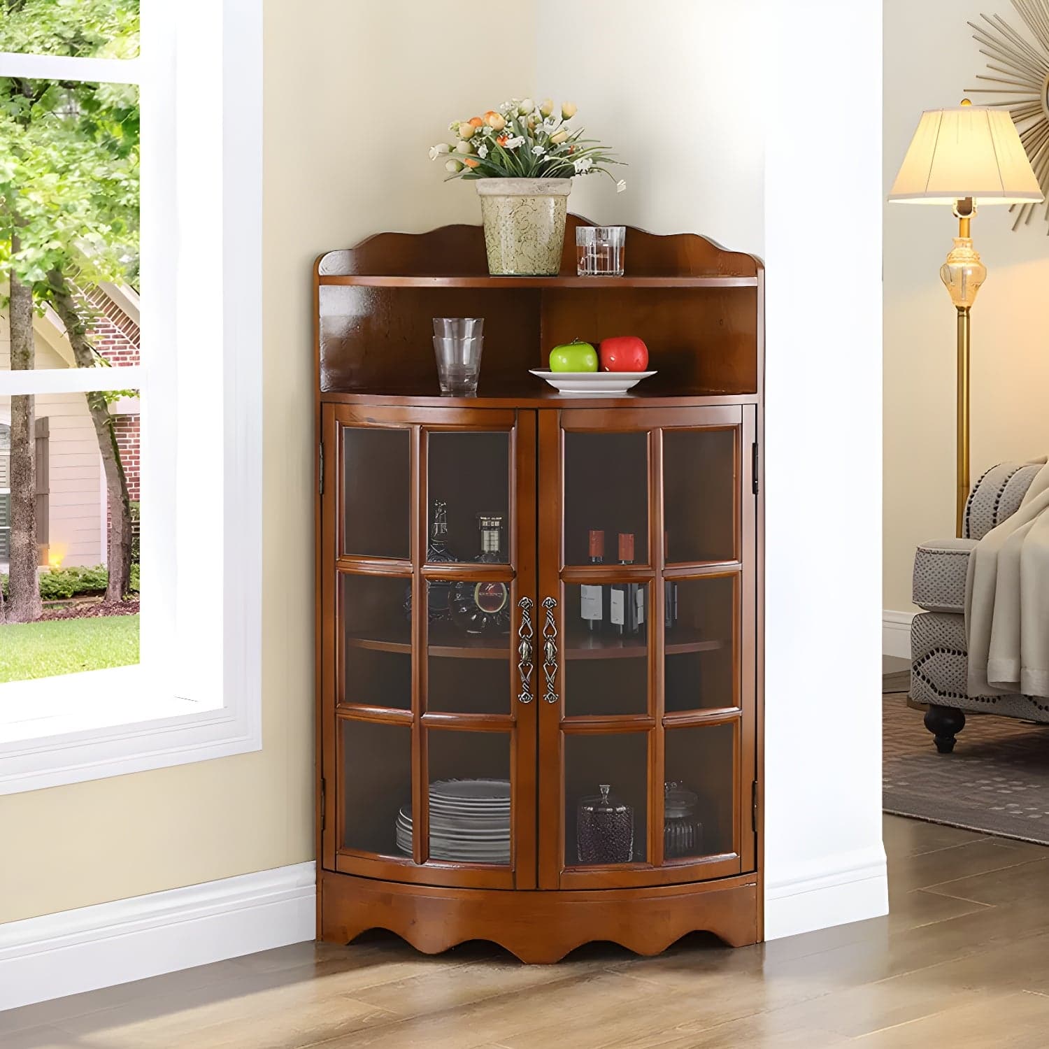 Corner Mid-Century Modern Accent Cabinet with Wood Countertop and Glass Doors thumbnail 1