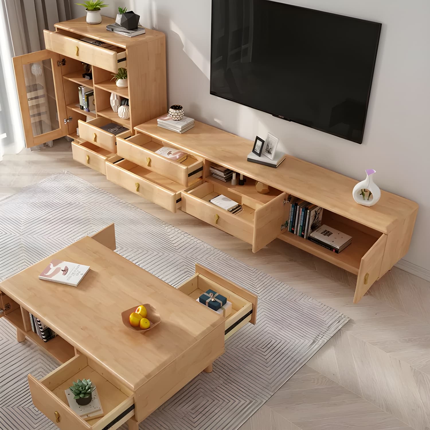 Scandinavian with Drawers Rubberwood with Cabinet TV Media Console thumbnail 12