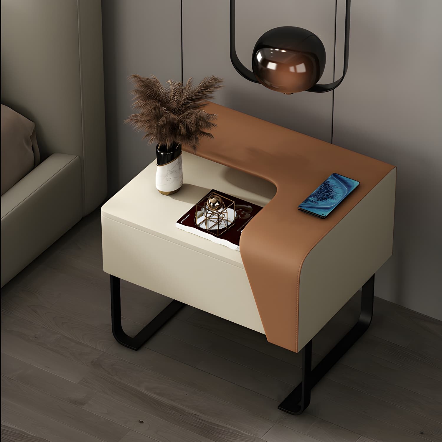 Modern Wooden Nightstand 19" Tall Sled Bedside Cabinet with Drawer thumbnail 9