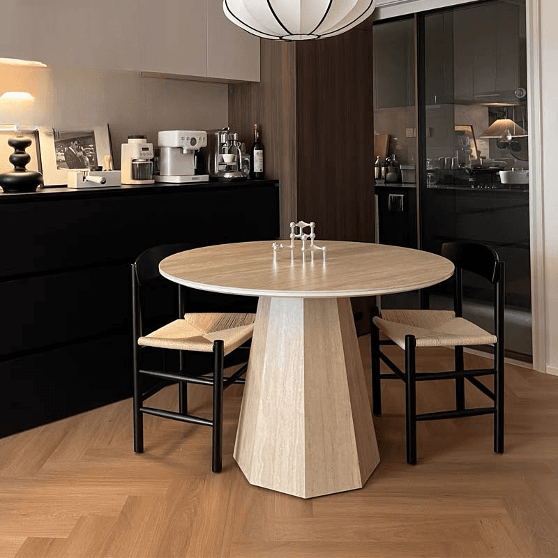 Retro Rounded Slate Dining Table Set with Stump Base, Fixed Mechanism, Unfinished Top thumbnail 1