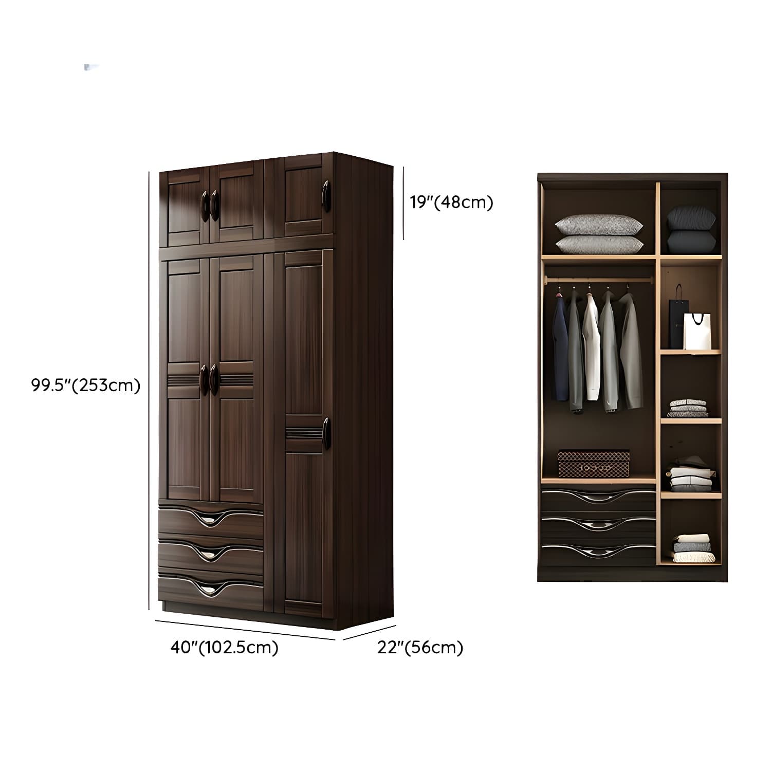Traditional Black-brown Storage Wood Wardrobe with Clothing Rod and Shelves thumbnail 17
