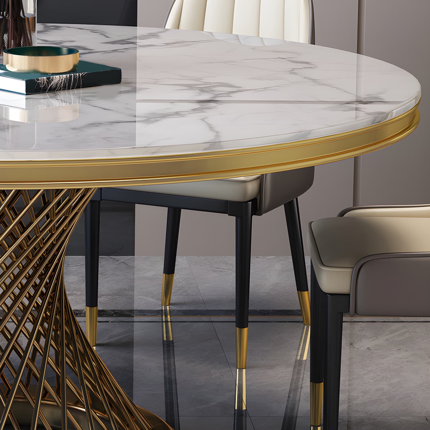 Glam Round Marble Dining Set with Gold Metal Pedestal Base - Fixed Table in White thumbnail 8