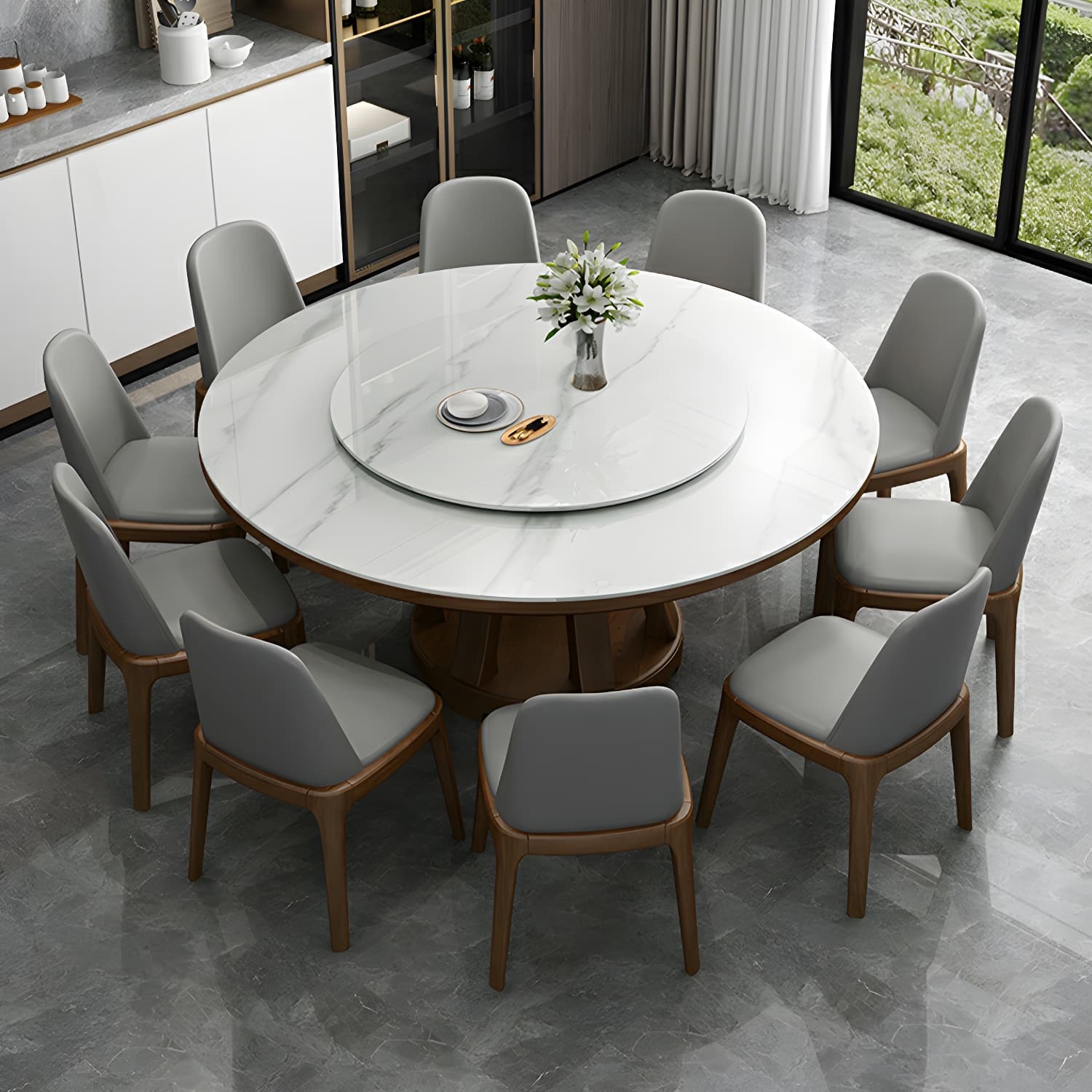 Modern Wood Dining Table Set with White Table top and Solid Wood Brown Base thumbnail 4
