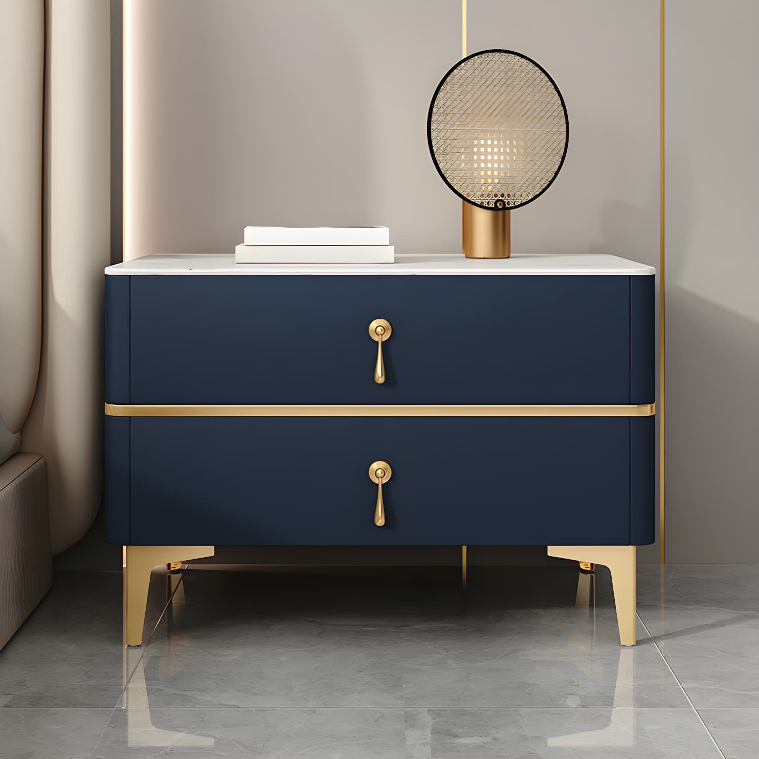 Glam Style Sintered Stone Top 2- Drawer Nightstand with Legs for Bedroom thumbnail 1
