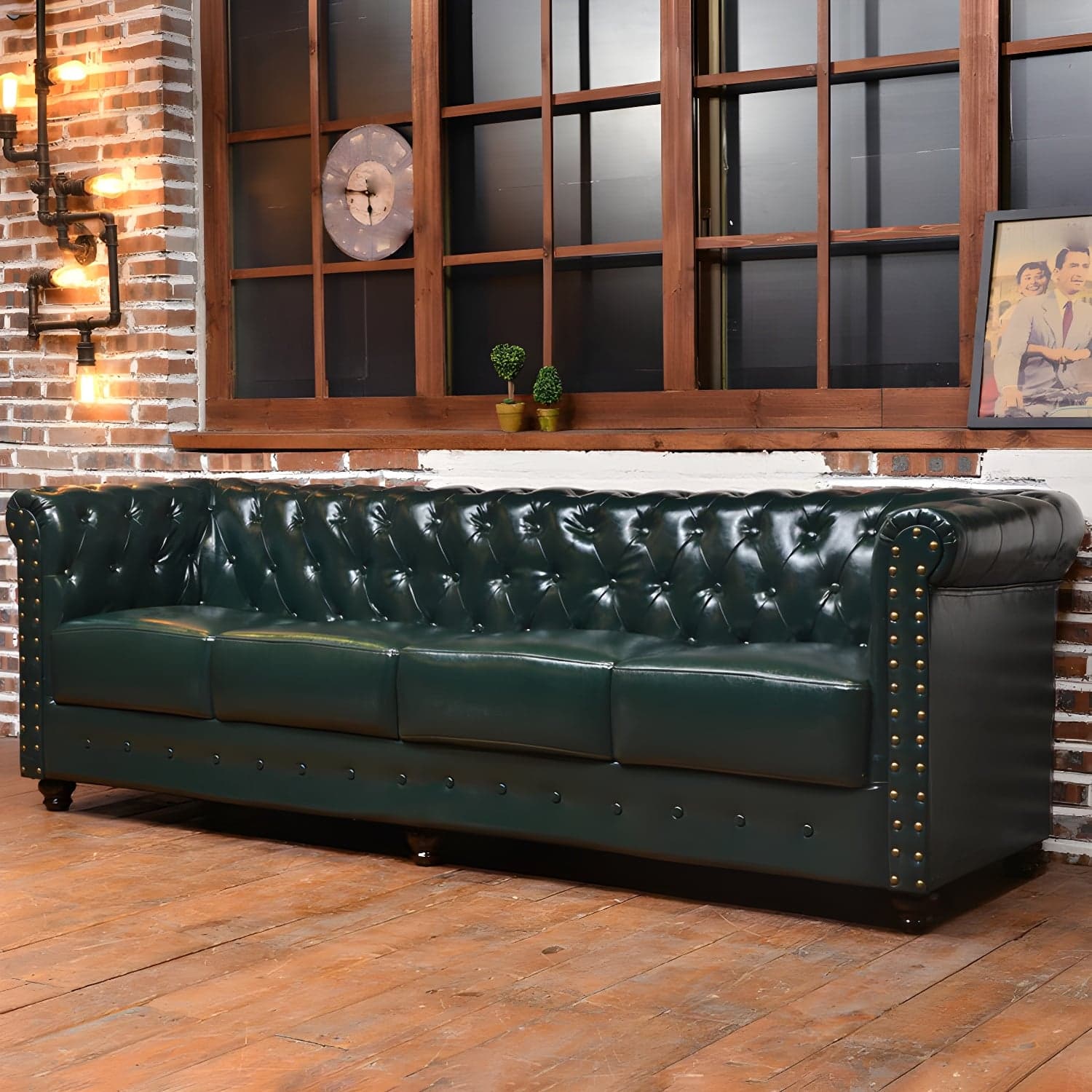 Vintage Leather Chesterfield Sofa 29.53"High Rolled Arm Sofa for Cafe thumbnail 3