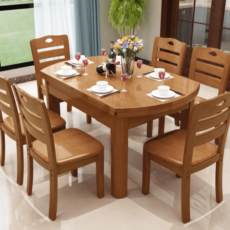 Dining Table Set with Rounded Wood Slab Top, 4 Legs, Drop Leaf, Back Seat, in White/Auburn/Amber Color thumbnail 5