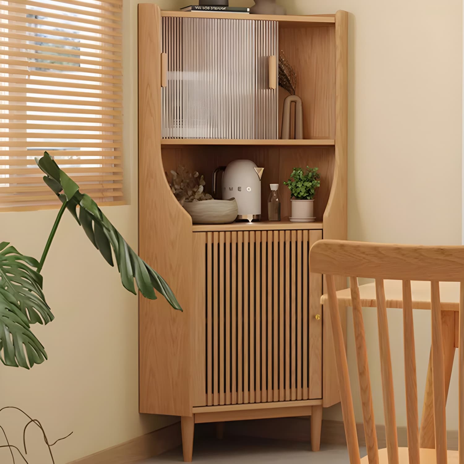 Corner Scandinavian Accent Cabinet with Wood Counter Top and Glass Doors, 2 Exterior Shelves thumbnail 16