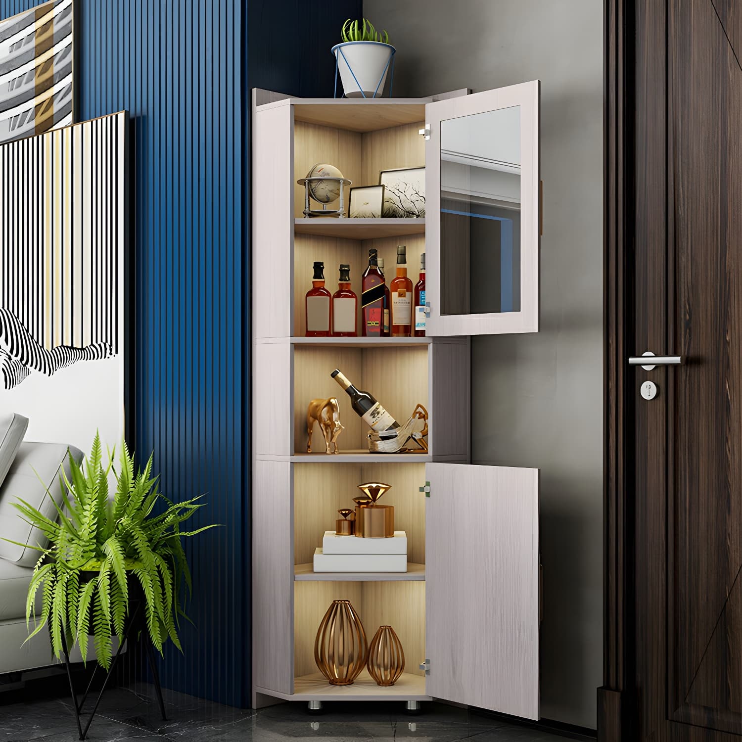 Modern White Corner Accent Cabinet with Glass Doors and Adjustable Interior Shelves thumbnail 2