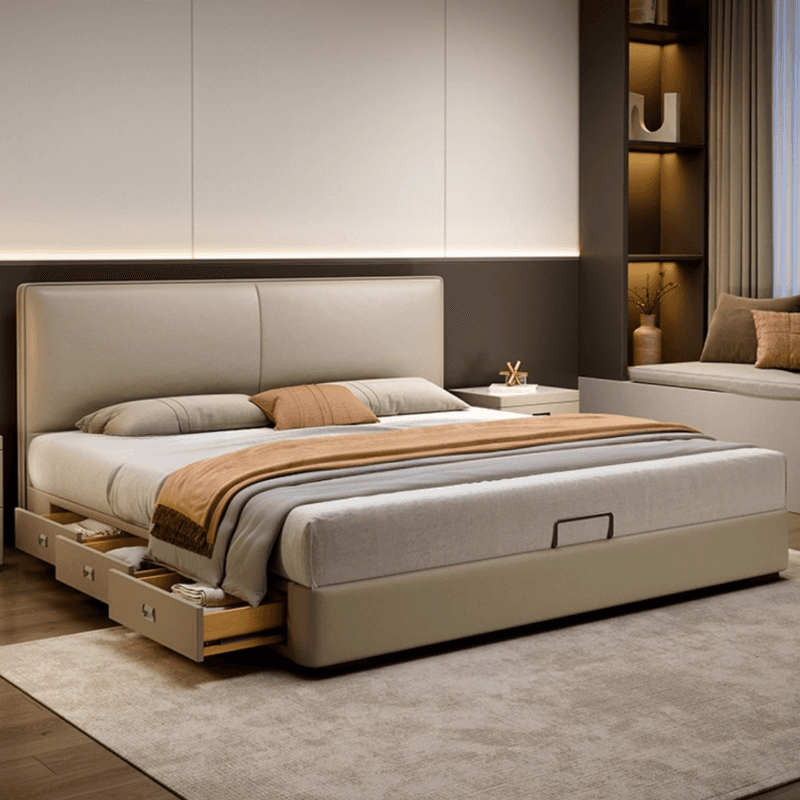 Light Gray Storage Included Panel Bed with 3 Storage Boxes, Natural Wood Frame, and Sponge Upholstery thumbnail 1