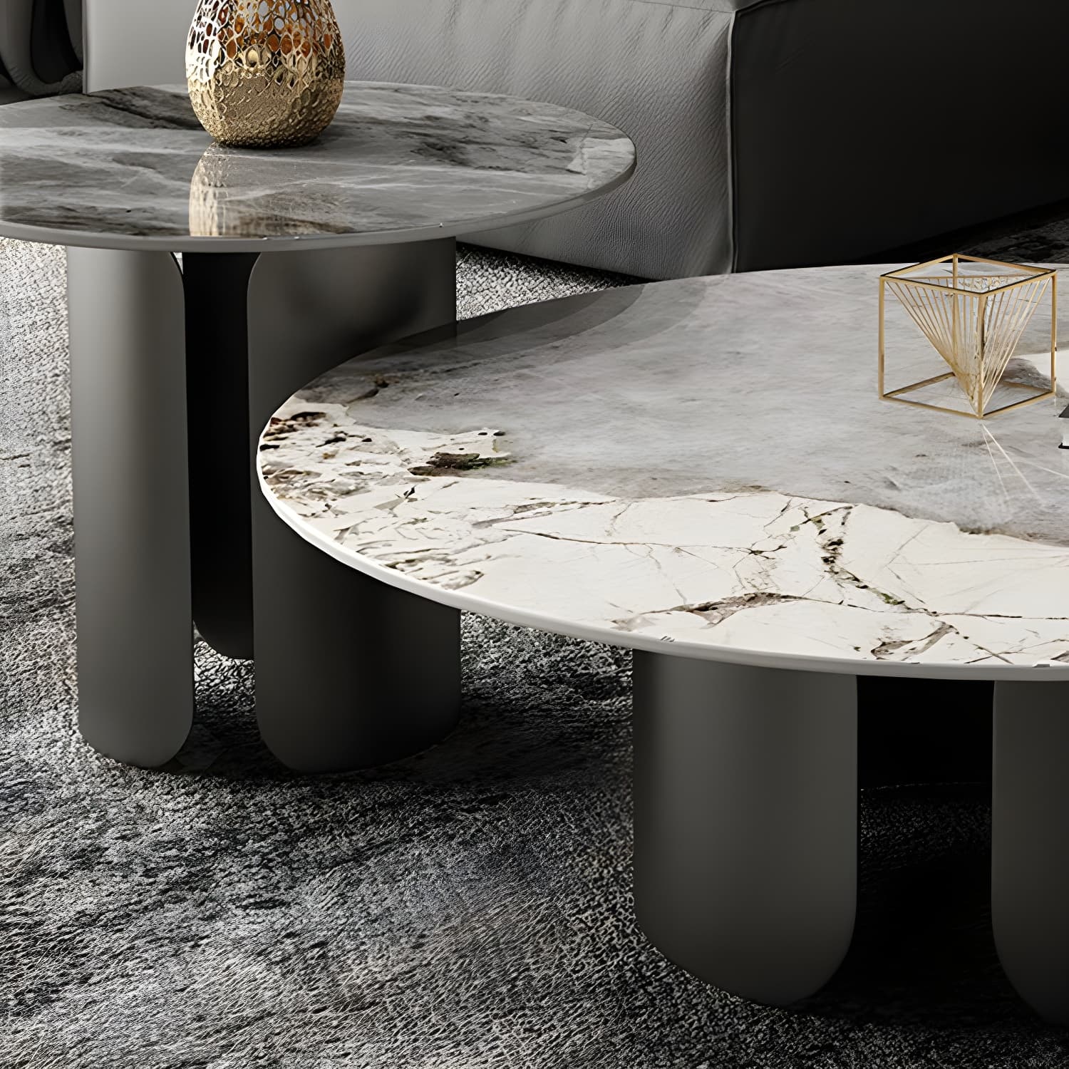 Chic Modern Round Beige Stone Top Coffee Table with Industrial Iron Base thumbnail 9