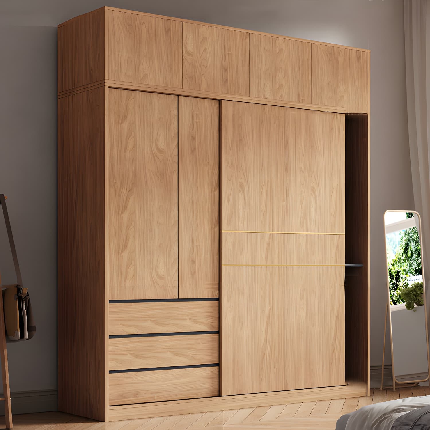 Contemporary Wood Wardrobe Armoire Freestanding Adjustable Shelves Wardrobe with Drawers thumbnail 3