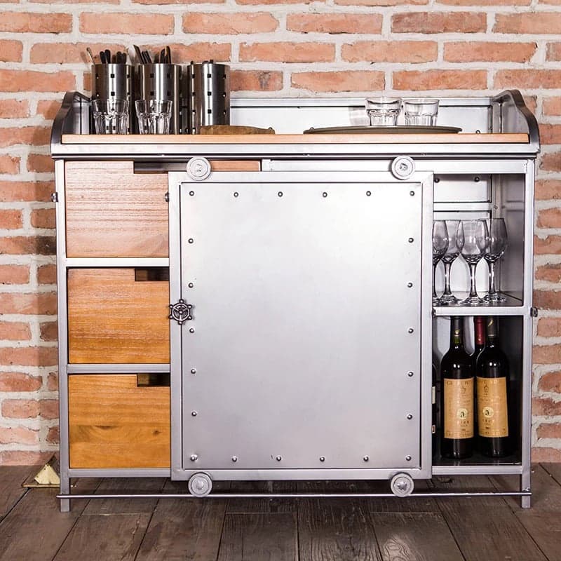 Industrial Metal Sideboard Cabinet with Wood Countertop, 3 Drawers, and Sliding Doors - image 4