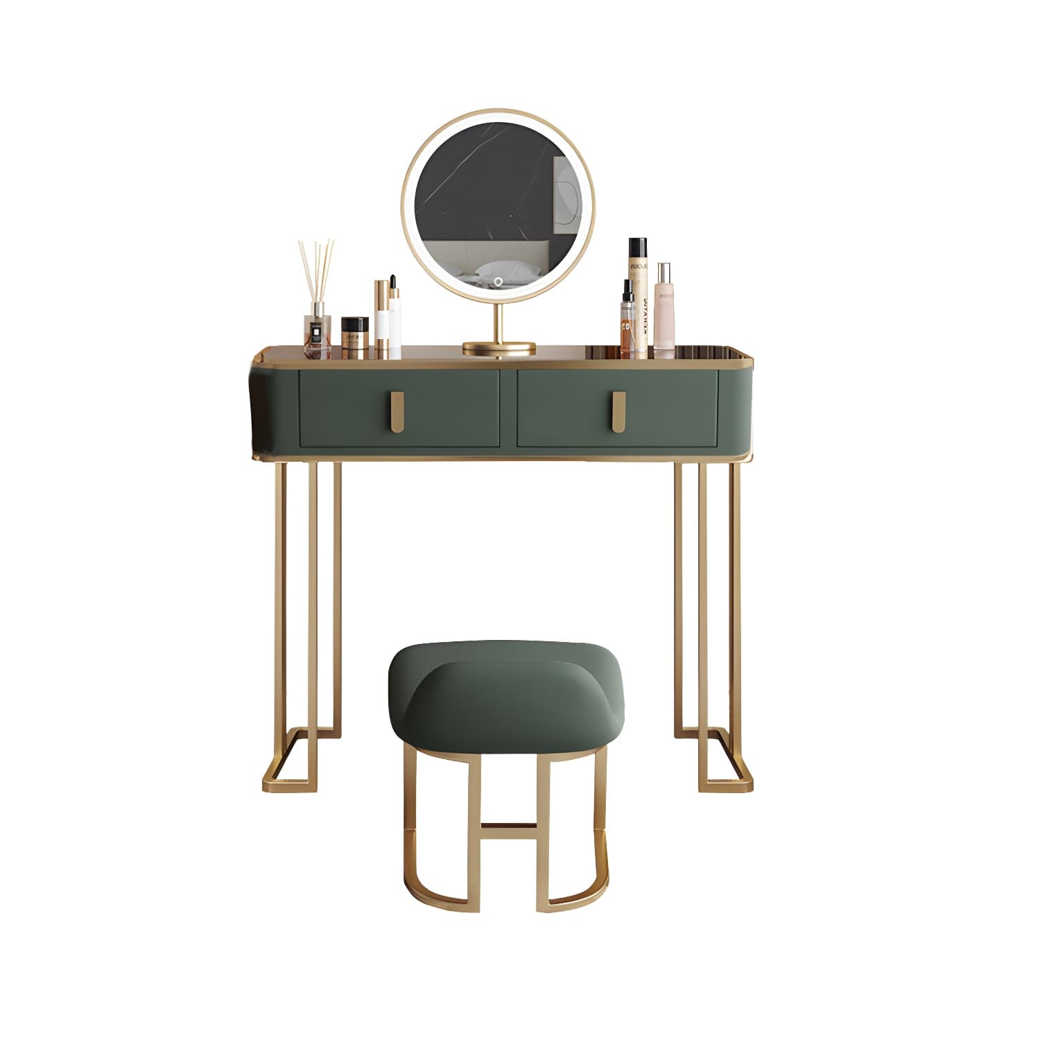 Glass Top Dressing Table Solid Wood Green Make-up Vanity with Drawers thumbnail 15