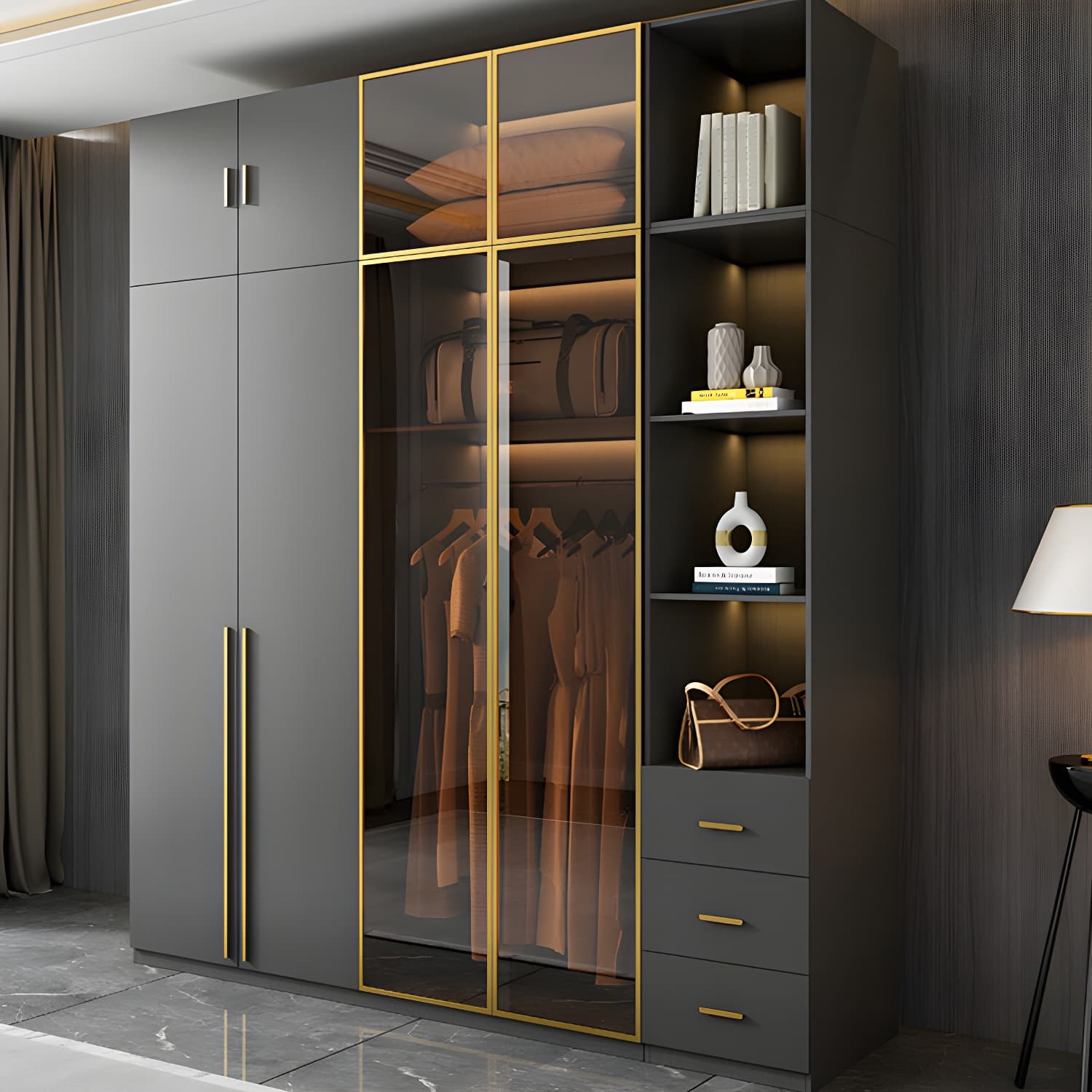 Modern Glass Wardrobe Wardrobe Armoire Wardrobe Cabinet for Home thumbnail 3