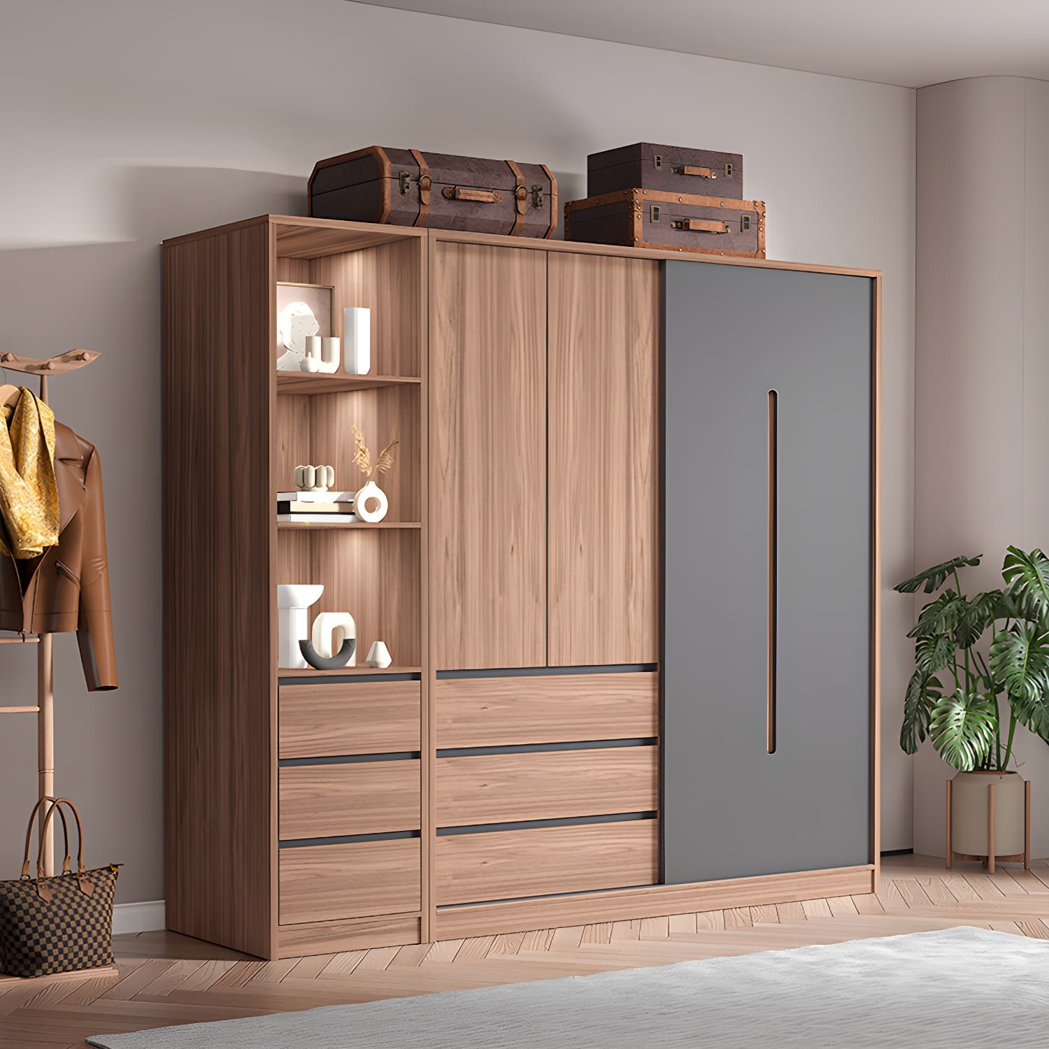 Contemporary Sliding Door Storage Cabinet Bedroom Cabinet with Drawers thumbnail 1