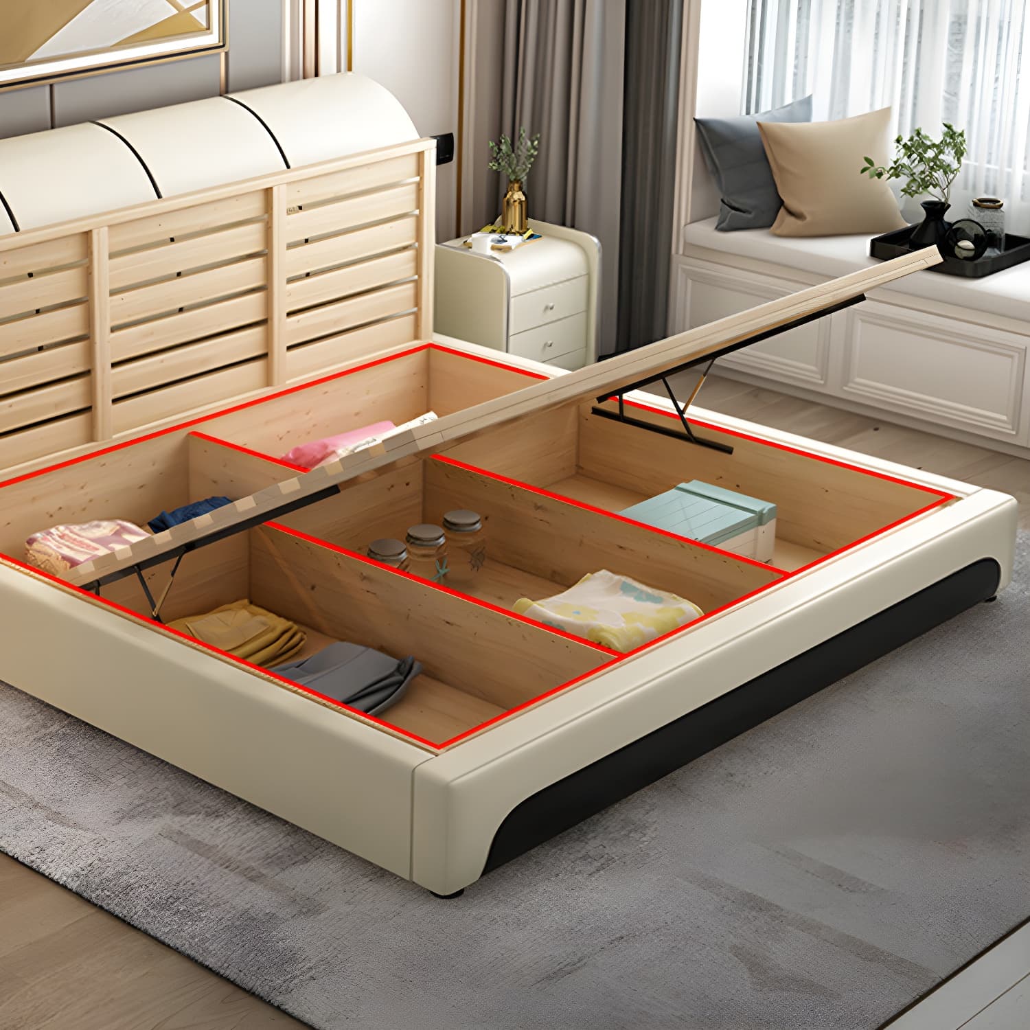 Glam Light Beige Bed Upholstered Wood Bed Frame with Headboard thumbnail 9