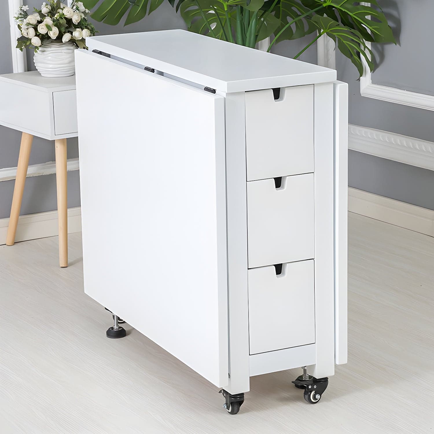 Modern Birch Wood Drop Leaf Rectangle Kitchen & Dining Table with Pedestal Base and Storage Included thumbnail 6