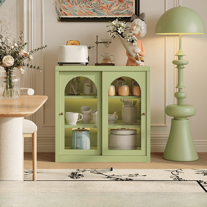 Simple Narrow Iron Countertop Sideboard with Cupboard, Glass Doors, and Changeable Shelf thumbnail 3
