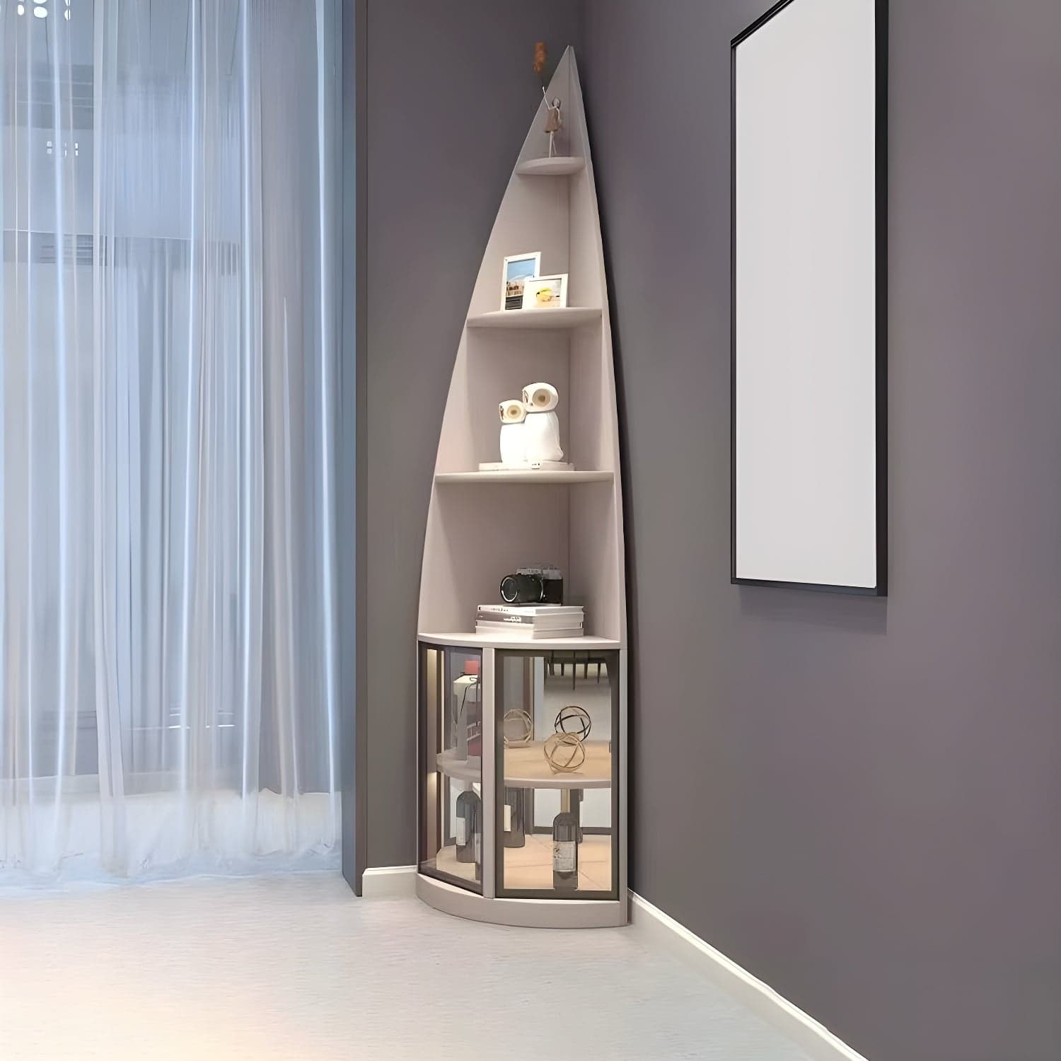 Corner Modern Cabinet with Wood Counter Top and 4 Exterior Shelves thumbnail 2