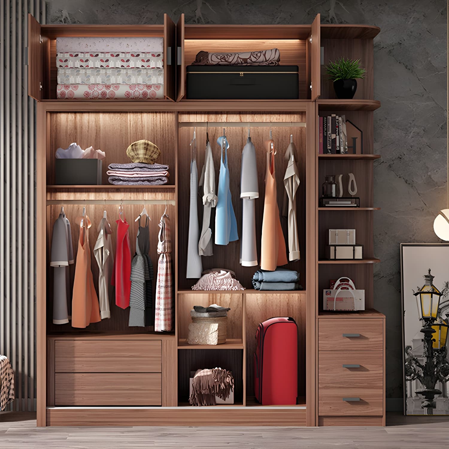 Brown Engineered Wood Wardrobe Armoire Modern Wardrobe Closet thumbnail 6