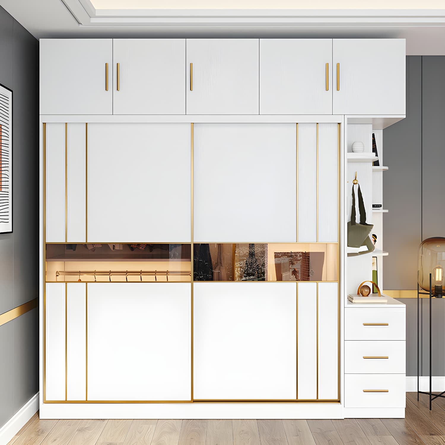 Modern White Wardrobe Armoire with Mirror, Drawers & Clothing Rod thumbnail 2