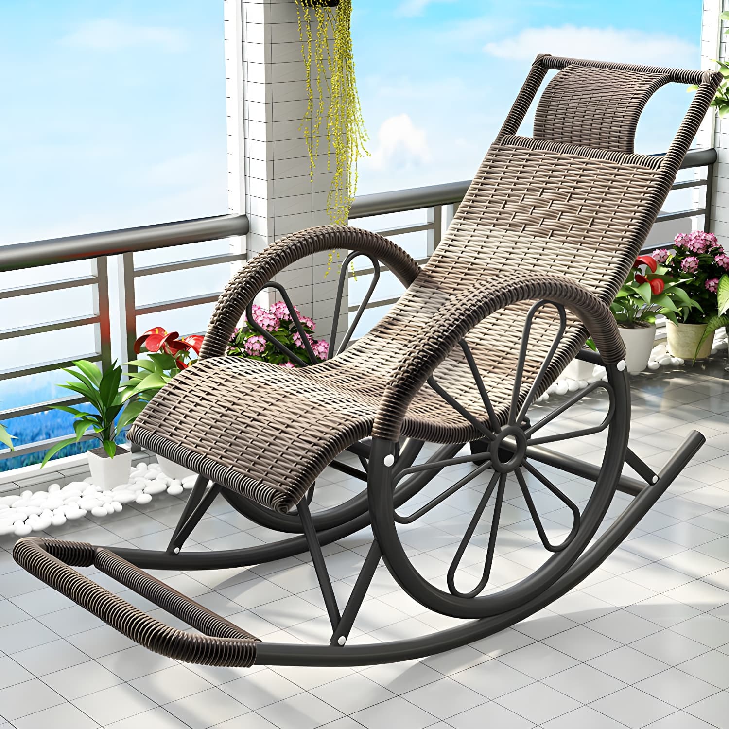 Modern Spindle Rattan Rocking Chair Metal Frame Wheel Handrail Design Rocker Chair thumbnail 6