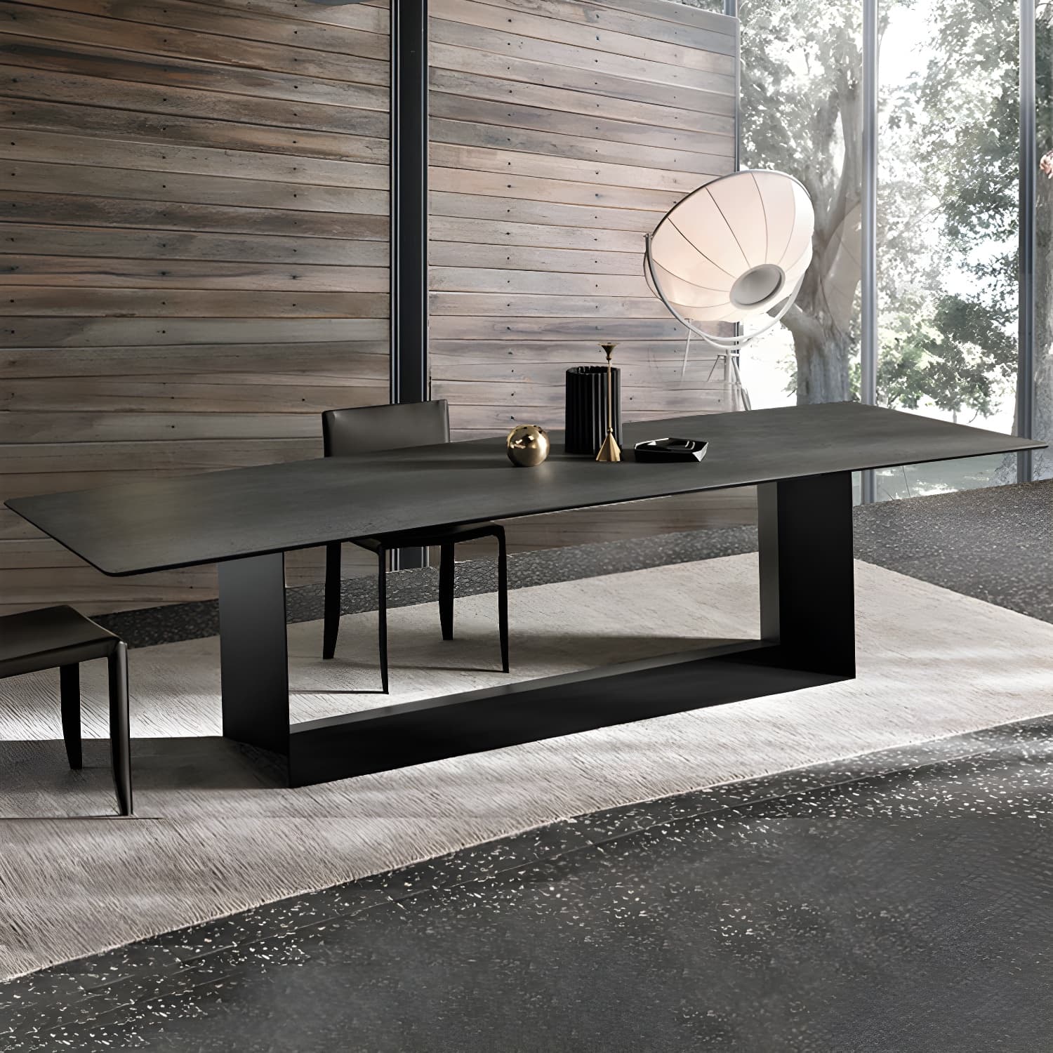 Rectangle Stone and Metal Dining table Modern Trestle Base Dining Table thumbnail 12