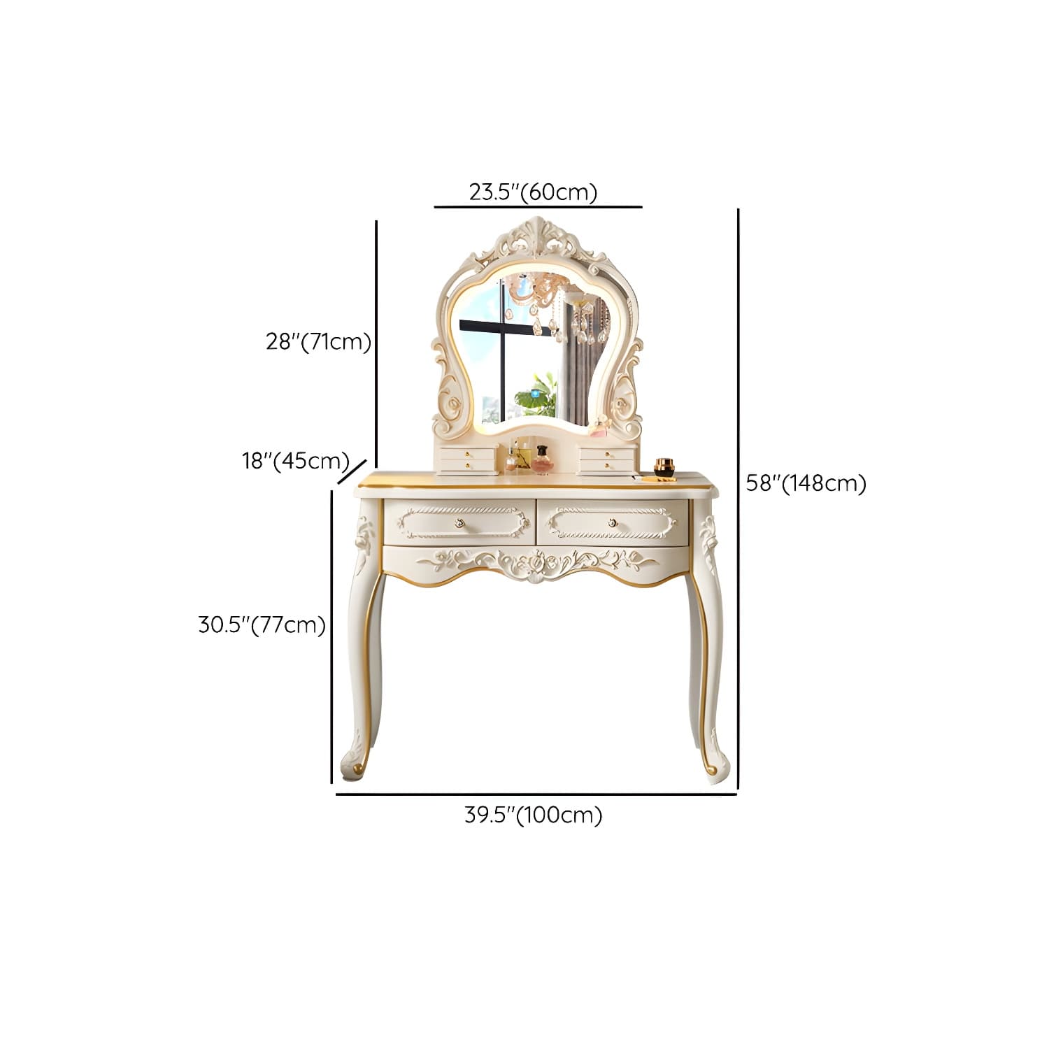 White Victorian Wood Vanity Dressing Table with Drawers Mirrored Makeup Vanity thumbnail 16