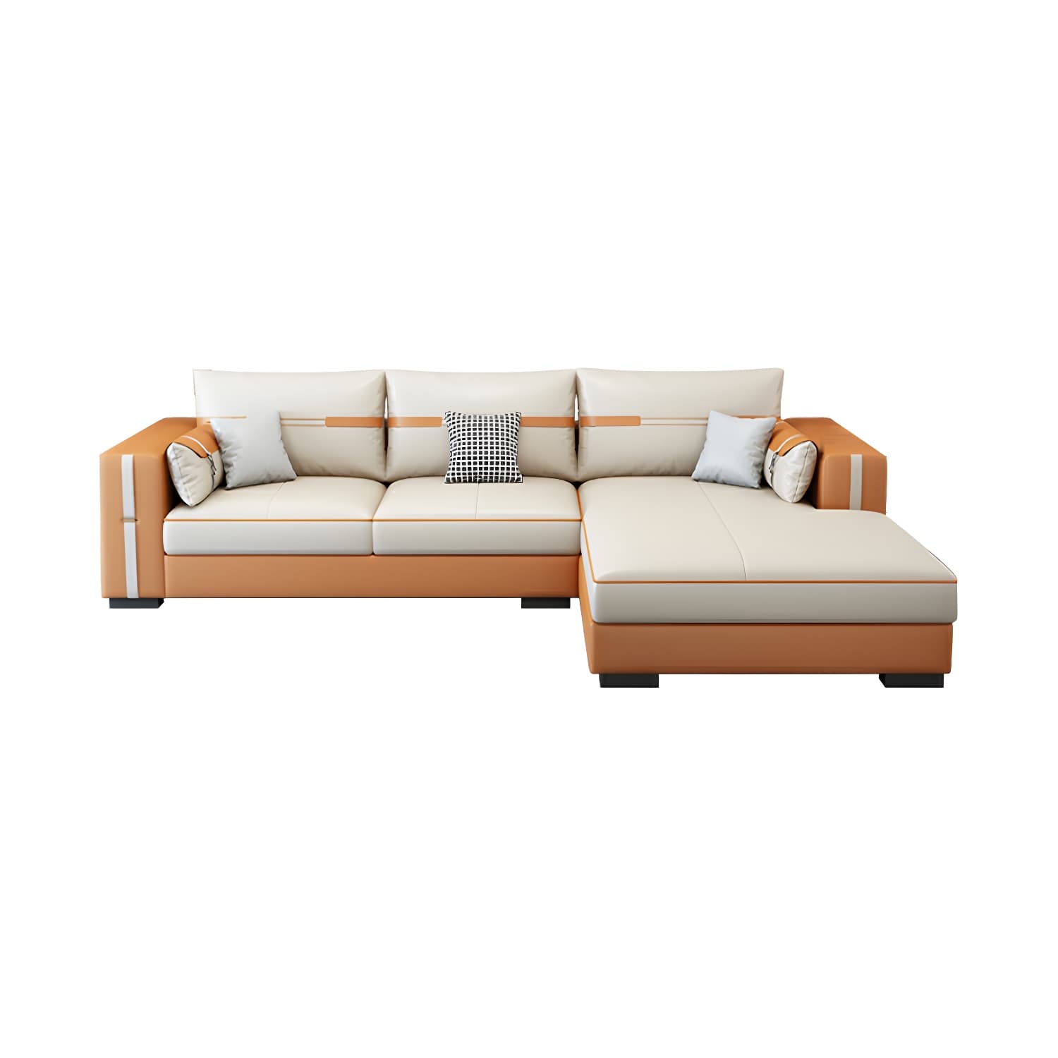 Scandinavian Wood Frame Beige Faux Leather Stationary Sectional Sofa with Cushion Back thumbnail 12