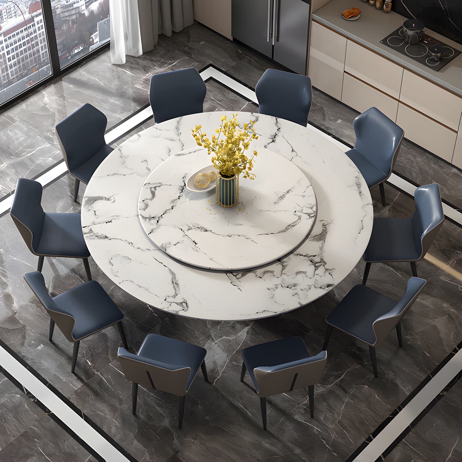 Marble Dining Table Set 1/4/5/7/11 Pcs Rectangle Table with Wingback Chairs thumbnail 1