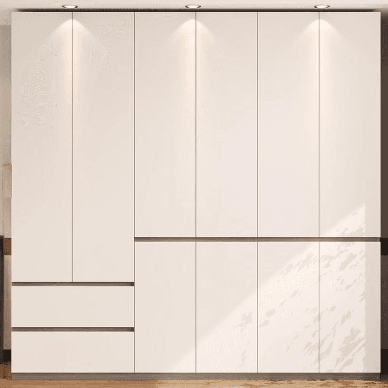 Beige Modish Armoire Cabinet in Manufactured Wood with Soft Close Drawer, Soft Close Door, Interior Shelves, and Clothing Rod