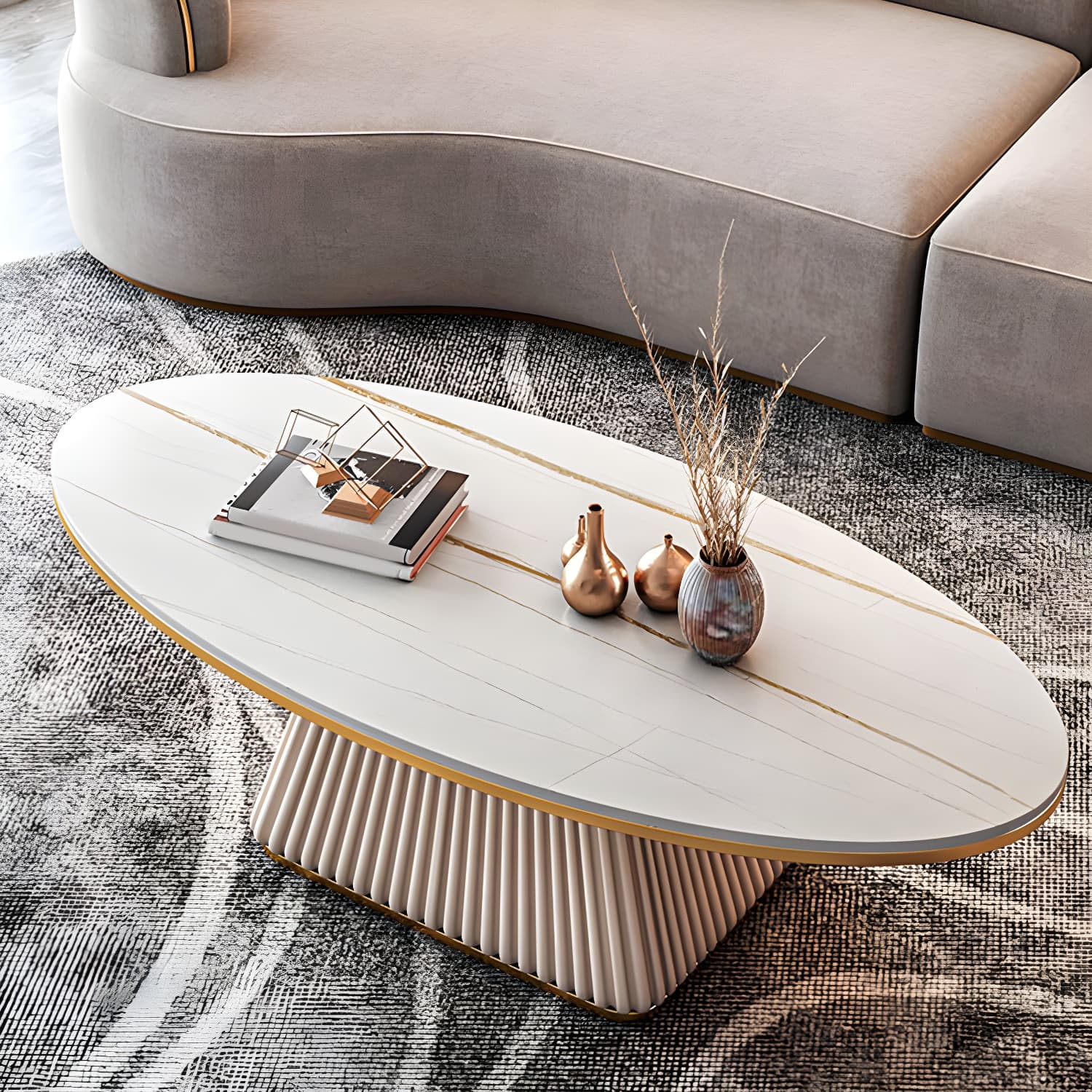 Glam Metal and Slate Cocktail Table Pedestal Coffee Table for Living Room thumbnail 14
